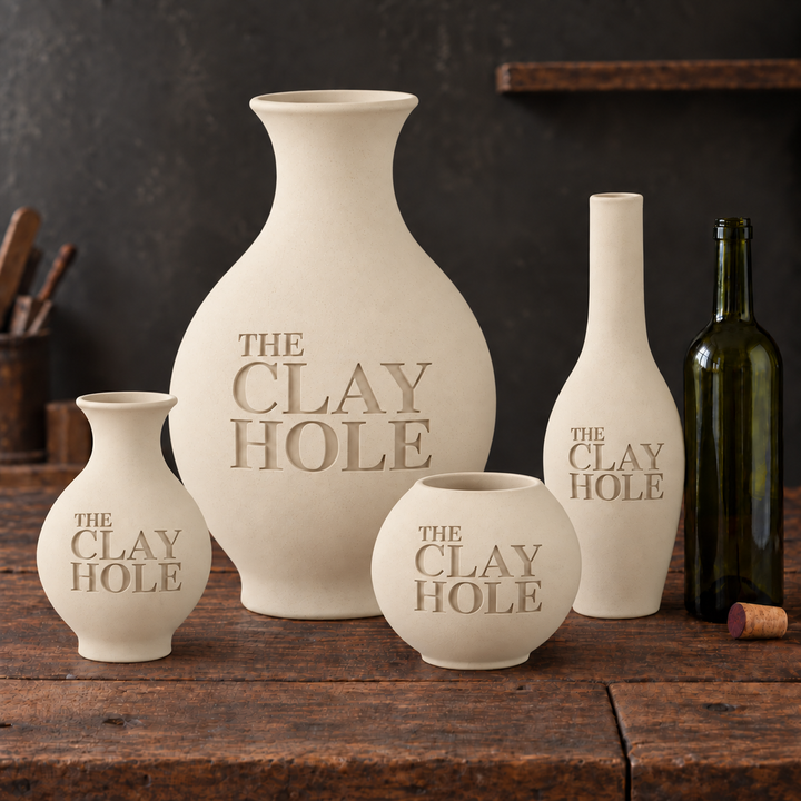 Four unglazed Laguna B-Mix clay vases stamped The Clay Hole, grouped with a wine bottle on a rustic table