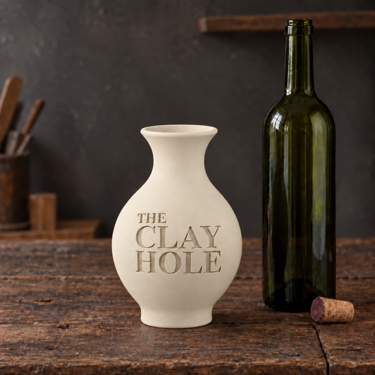 Unglazed cream Laguna B-Mix clay vase stamped The Clay Hole, beside a wine bottle on a wood table
