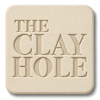 Off-white Laguna B-Mix with Grog clay tile, unglazed, stamped with The Clay Hole logo