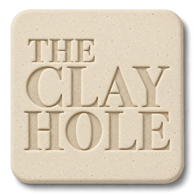 Off-white Laguna B-Mix with Grog clay tile, unglazed, stamped with The Clay Hole logo