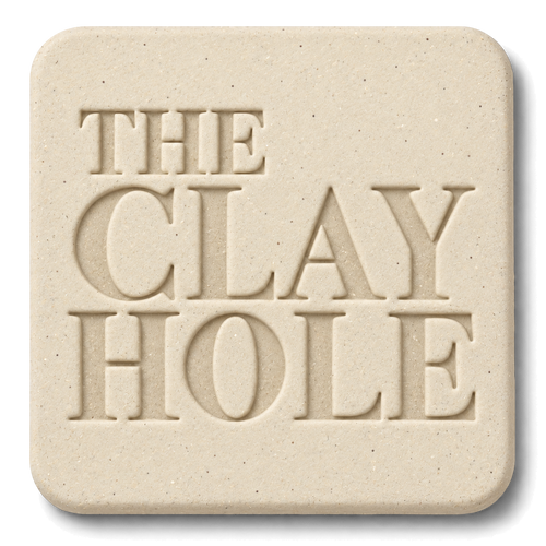 Off-white Laguna B-Mix with Grog clay tile, unglazed, stamped with The Clay Hole logo