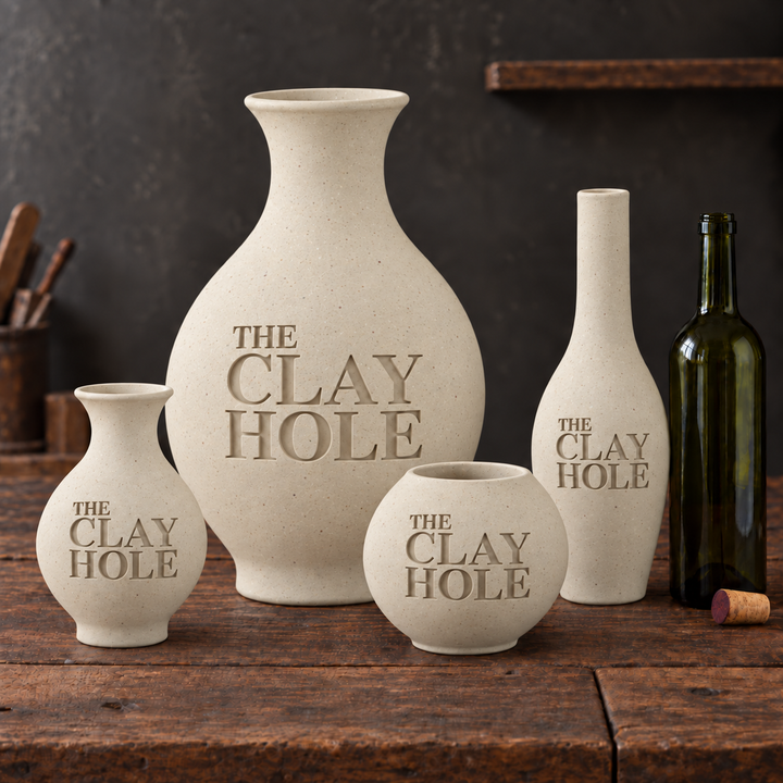Four unglazed Laguna B-Mix with Grog clay vases stamped The Clay Hole, grouped with a wine bottle on a rustic table