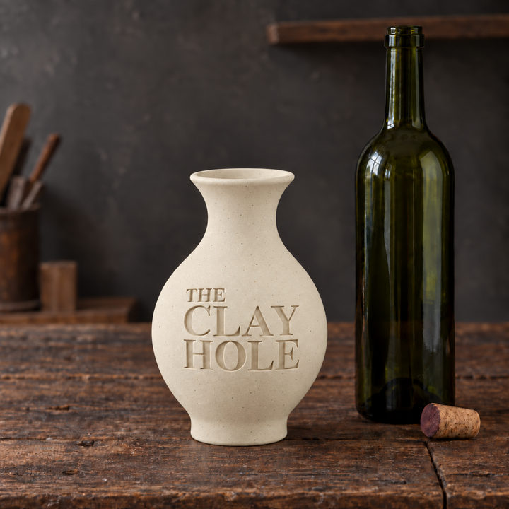 Unglazed off-white Laguna B-Mix with Grog clay vase stamped The Clay Hole, beside a wine bottle on a wood table