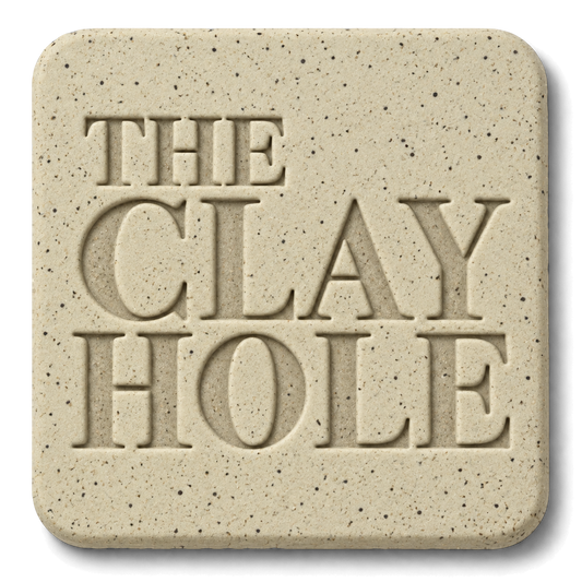 Cream Laguna B-Mix with Specks clay tile, unglazed, stamped with The Clay Hole logo