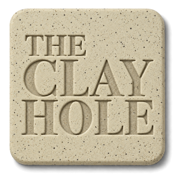 Cream Laguna B-Mix with Specks clay tile, unglazed, stamped with The Clay Hole logo