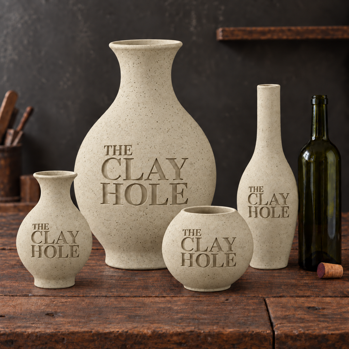 Four unglazed Laguna B-Mix with Specks clay vases stamped The Clay Hole, grouped with a wine bottle on a rustic table
