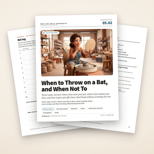 When to Throw on a Bat printable pottery guide: the cover, with the bat log and the bat card fanned behind it