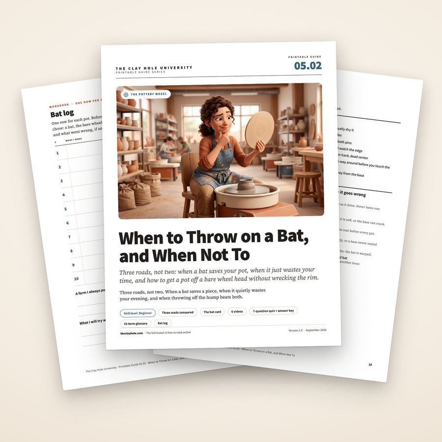 When to Throw on a Bat printable pottery guide: the cover, with the bat log and the bat card fanned behind it