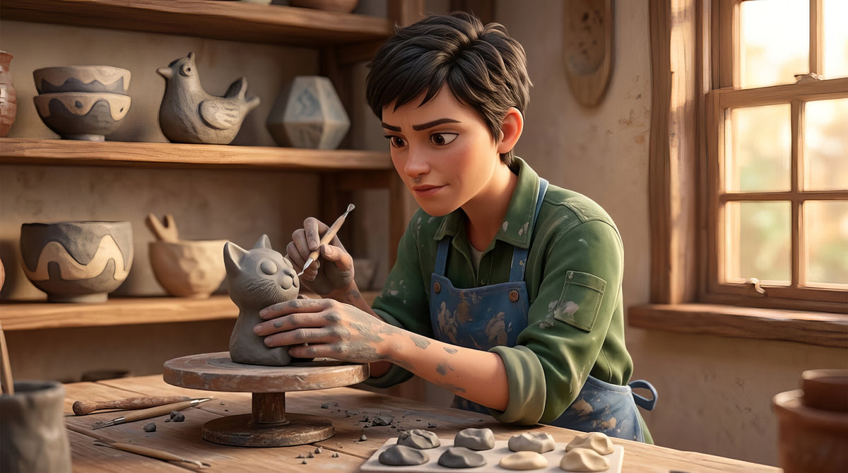 A beginner shaping a small hollow clay animal on a banding wheel with a wooden modeling tool, a loop tool and a cut-open form showing its hollowed walls beside it