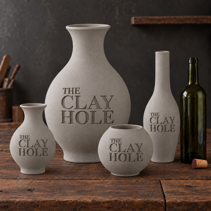 Four unglazed Sio-2 Berlin Gray clay vases stamped The Clay Hole, grouped with a wine bottle on a rustic table