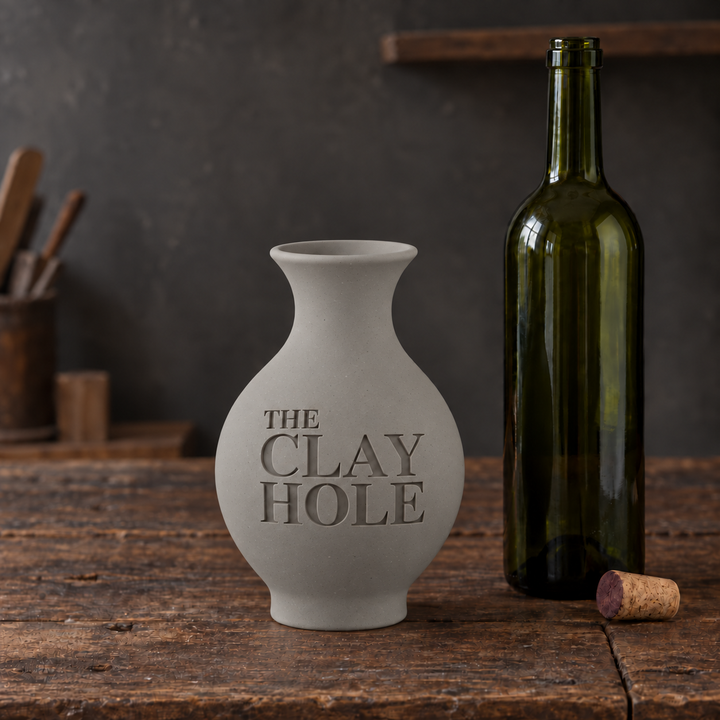 Unglazed Sio-2 Berlin Gray clay vase stamped The Clay Hole, beside a wine bottle on a wood table