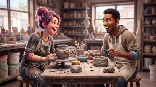 Illustrated member and her guest laughing across a hand building table at a pottery studio, his first lumpy pinch pot beside her carved jar