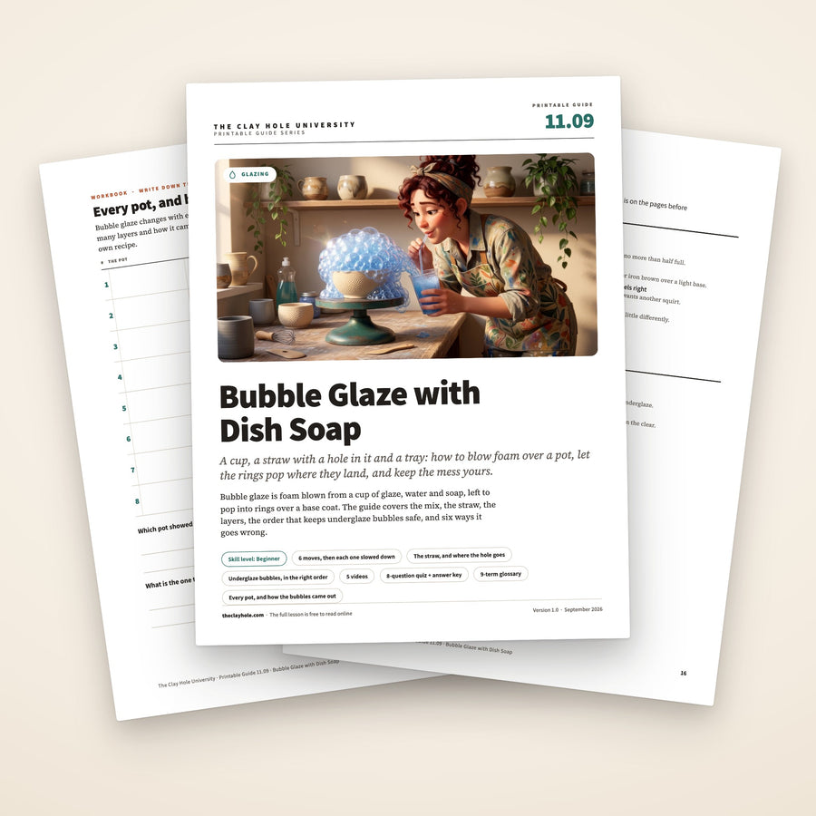 Bubble Glaze with Dish Soap printable guide: the cover, with the practice log and the one page summary fanned behind it