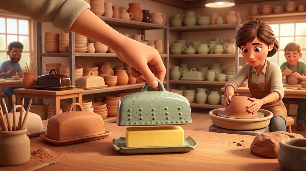 Illustration of a hand lifting a speckled green ceramic lid off a stick of butter on a matching tray, with more butter dishes, a potter at a wheel and shelves of unfired pots behind