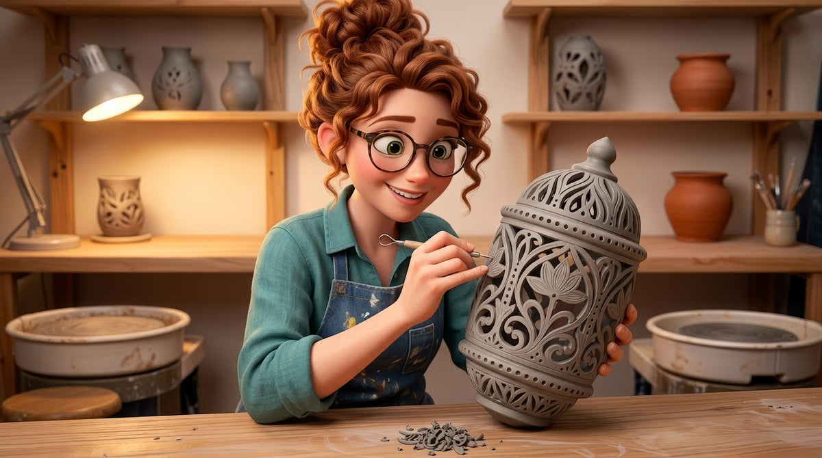 A potter cutting a fine, clean, evenly spaced line into a leather hard vessel with a small carving tool, elbows braced and the pot on a banding wheel