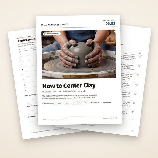 How to Center Clay printable pottery guide: the cover, with the practice tracker and troubleshooting pages fanned behind it