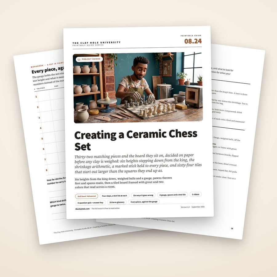 Creating a Ceramic Chess Set printable guide: the cover, with the piece log and the one page summary fanned behind it