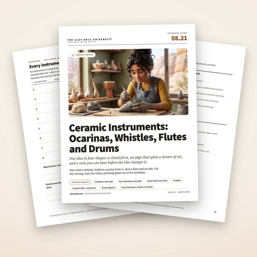 Ceramic Instruments printable guide: the cover, with the instrument log and the bench page fanned behind it