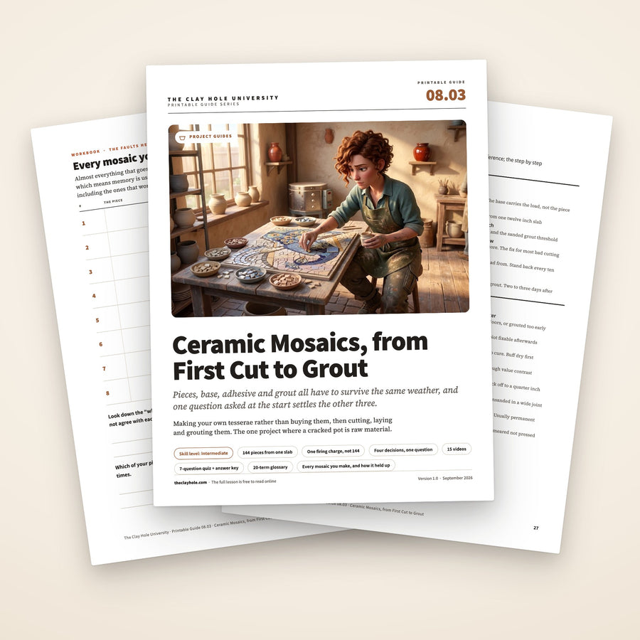 Ceramic Mosaics, from First Cut to Grout printable guide: the cover, with the record sheet and the one page bench reference fanned behind it