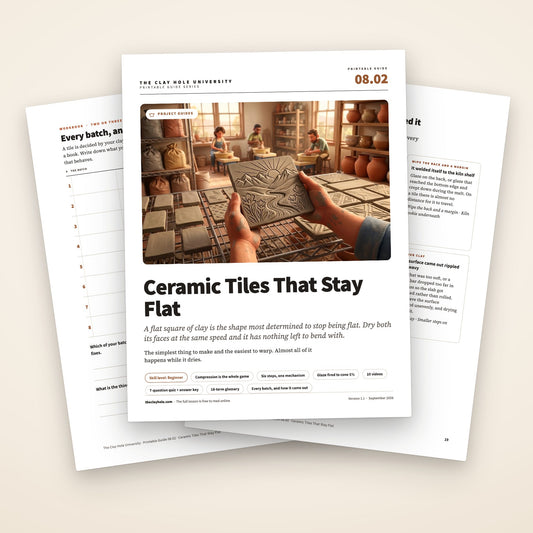 Ceramic Tiles That Stay Flat printable guide: the cover, with the batch log and the six ways it goes wrong page fanned behind it