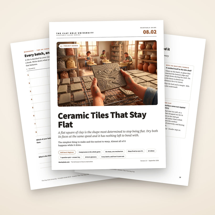 Ceramic Tiles That Stay Flat printable guide: the cover, with the batch log and the six ways it goes wrong page fanned behind it