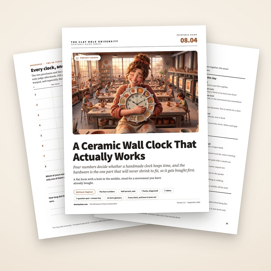 A Ceramic Wall Clock That Actually Works printable guide: the cover, with the clock log and the one page table reference fanned behind it