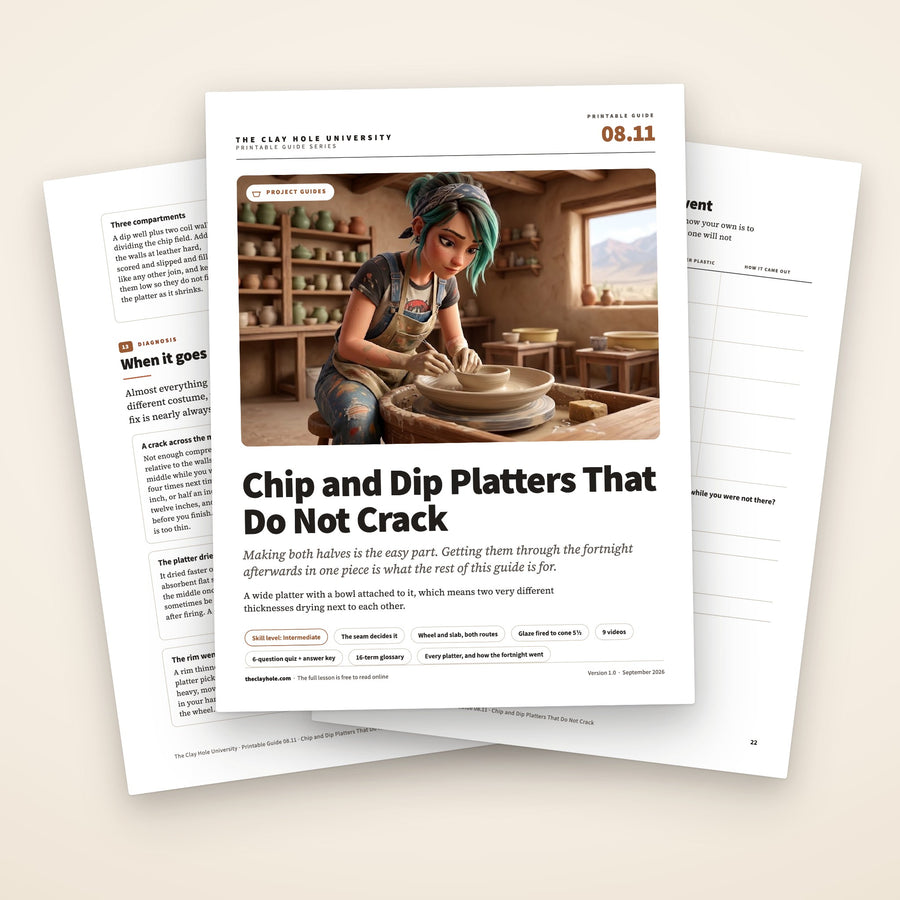 Chip and Dip Platters That Do Not Crack printable guide: the cover, with the diagnosis page and the practice log fanned behind it