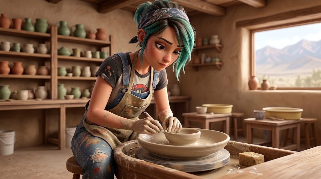 Illustration of a potter opening a wide low disc of clay into a chip and dip platter on a pottery wheel, with a small dip bowl waiting on the wheel tray beside it