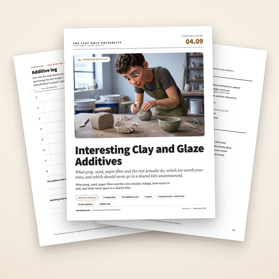 Interesting Clay and Glaze Additives printable pottery guide: the cover, with the additive log and the additives card fanned behind it