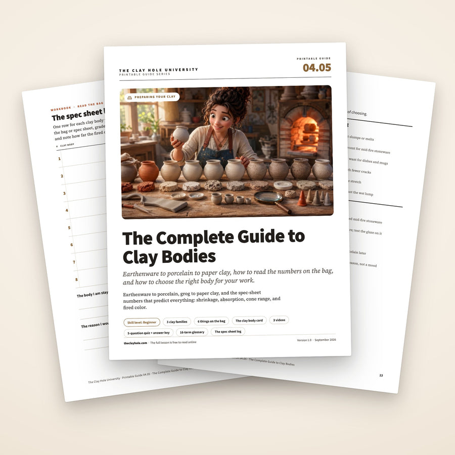 The Complete Guide to Clay Bodies printable pottery guide: the cover, with the spec sheet log and the clay body card fanned behind it