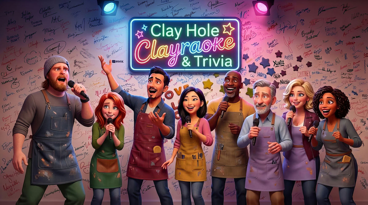 Nine Clay Hole members in clay-splattered aprons singing into microphones in front of the studio signature wall, under a glowing neon Clayraoke and Trivia sign