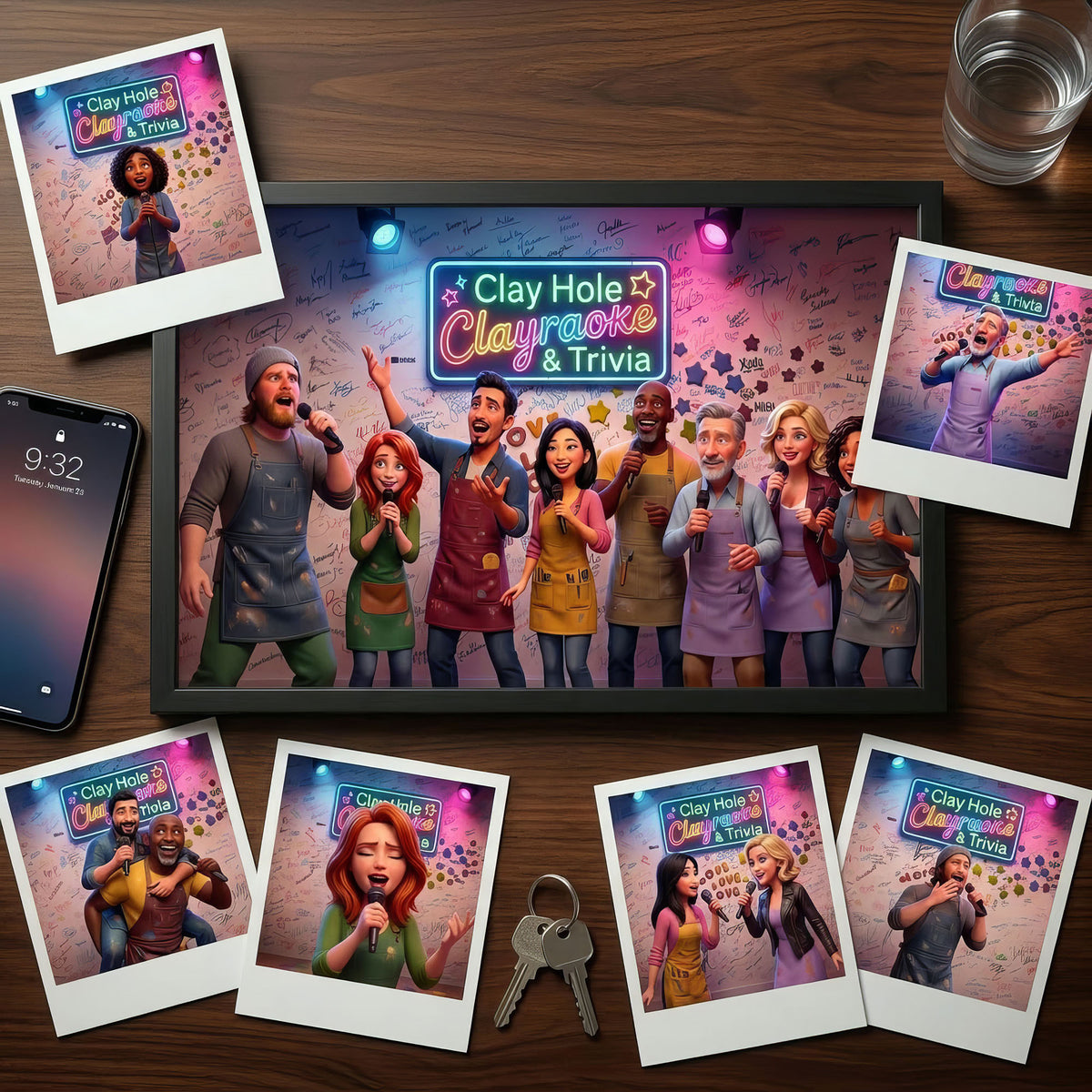 A framed print of a Clayraoke night lying on a wooden table, surrounded by scattered polaroids of members singing into microphones, next to a set of keys and a phone