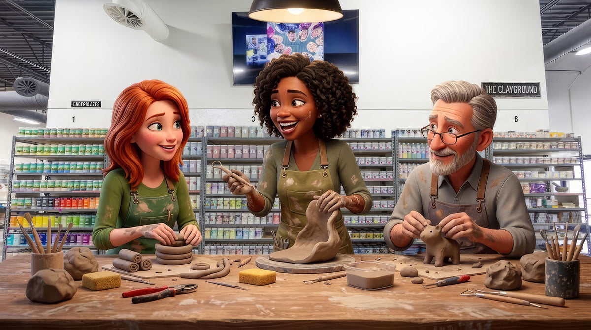 Three members laughing together at a worktable covered in clay, coils, sponges and trimming tools, with the wall of underglaze bottles and a screen behind them