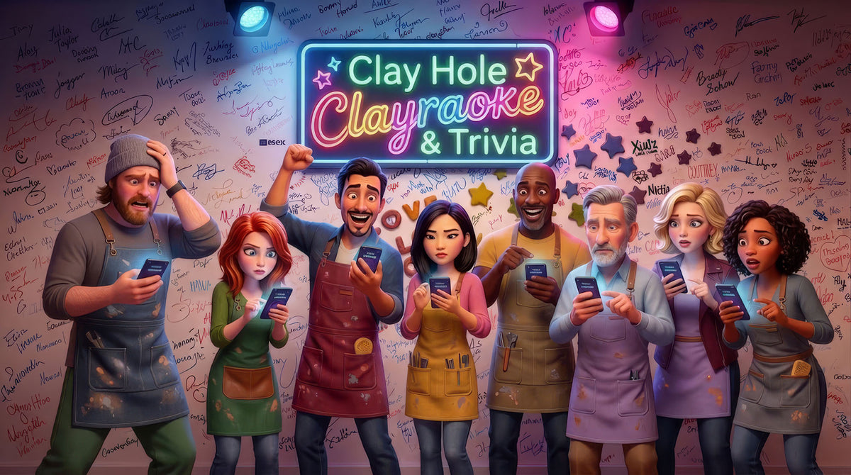 The same group of members standing in front of the signature wall holding up their phones, reading a trivia question with expressions ranging from confident to openly panicked