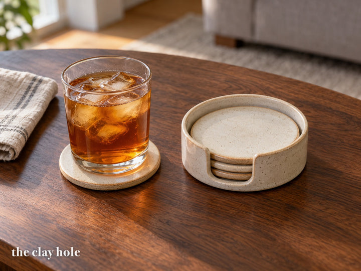 A Coaster Set and Caddy made from The Clay Hole paper template 27: four round coasters and the notched holder they stack in