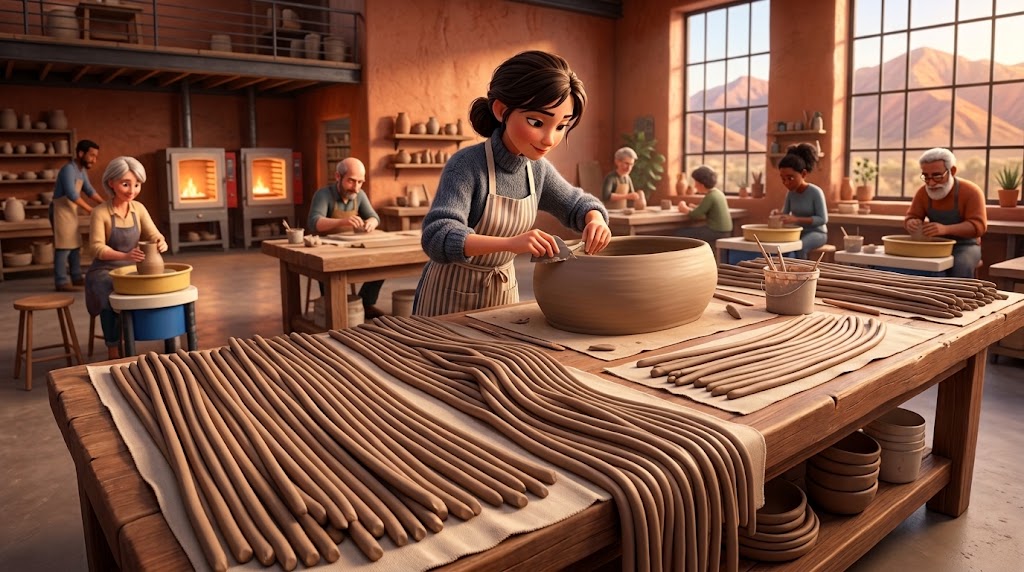 A busy pottery studio with a long table covered in rolled clay coils, and a potter building the wall of a wide vessel from them