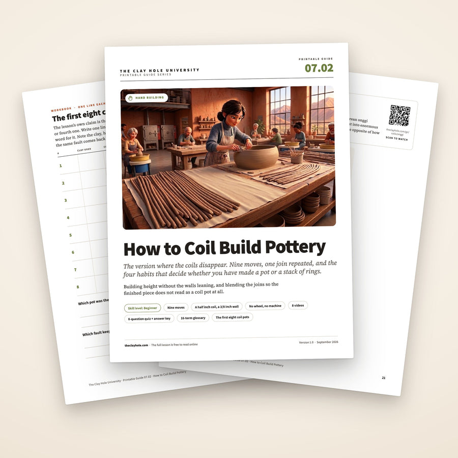 How to Coil Build Pottery printable guide: the cover, with the first eight coil pots log and troubleshooting pages fanned behind it