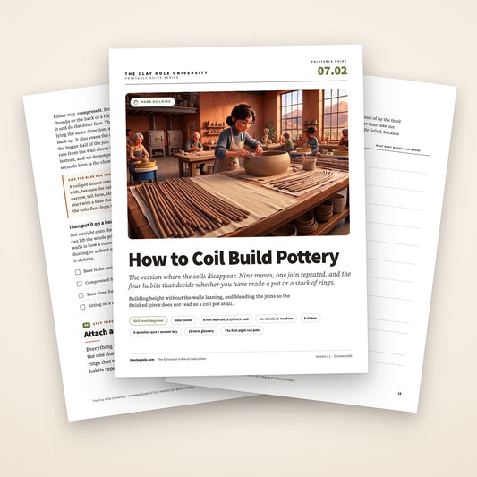 How to Coil Build Pottery printable guide: the cover, with the attach and blend step and the first eight coil pots log fanned behind it
