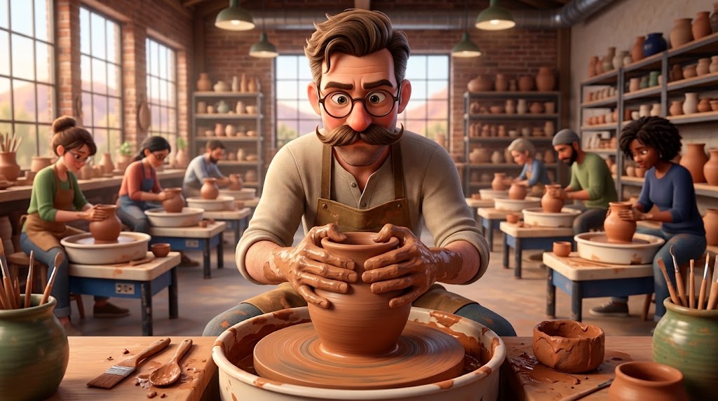 Illustration of a potter collaring in the neck of a clay pot, both hands wrapped in a ring around the spinning wall on a pottery wheel
