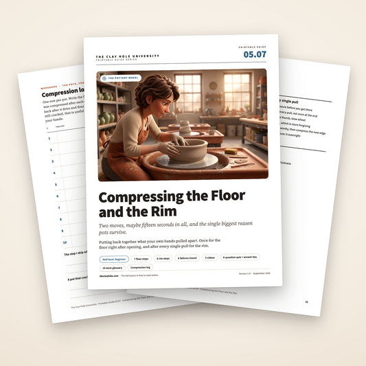 Compressing the Floor and the Rim printable pottery guide: the cover, with the compression log and the wheel card fanned behind it