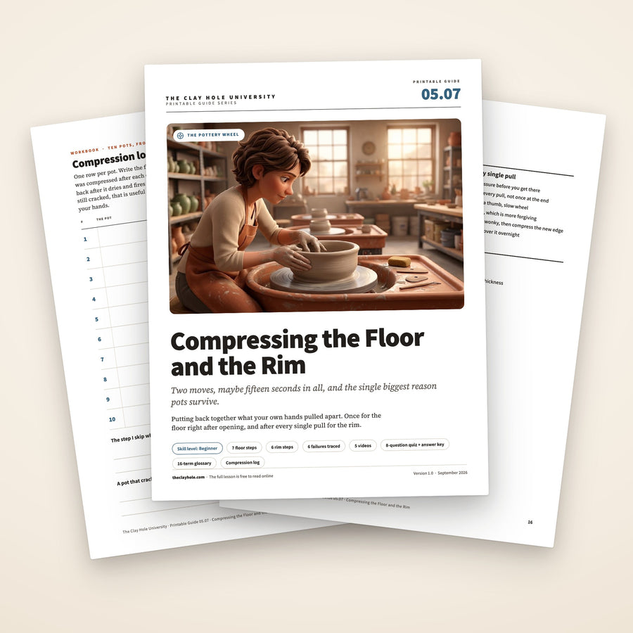 Compressing the Floor and the Rim printable pottery guide: the cover, with the compression log and the wheel card fanned behind it