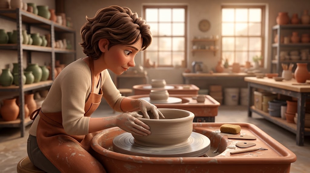 Illustrated potter at a wheel in a sunlit studio, both hands working the rim of a wide clay bowl