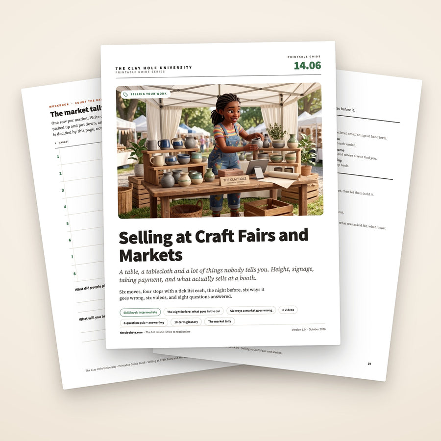 Selling at Craft Fairs and Markets printable guide: the cover, with the market tally and the one page sheet fanned behind it
