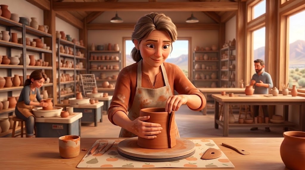 An illustration of a potter wrapping a soft clay slab around a form to build a mug, with cut slab pieces and finished mugs on the table around her