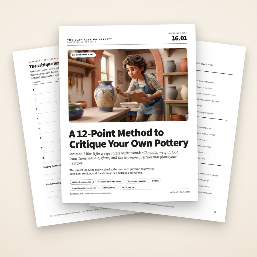 A 12-Point Method to Critique Your Own Pottery printable guide: the cover, with the critique log and the one page reference fanned behind it