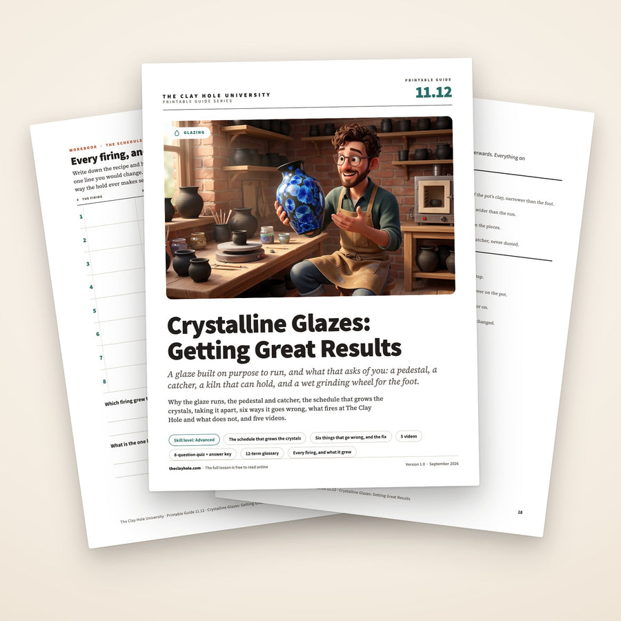 Crystalline Glazes: Getting Great Results printable guide: the cover, with the firing log and the one page summary fanned behind it