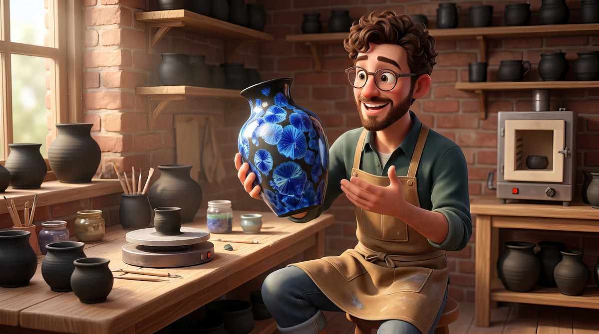A tall porcelain vase covered in large frost-like zinc silicate crystals in blue and gold, standing on a small clay pedestal inside a catcher after a crystalline firing