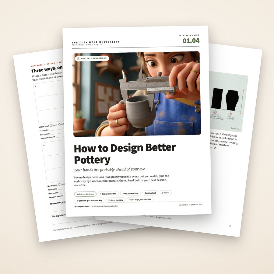 How to Design Better Pottery printable pottery guide: the cover, with workbook pages fanned behind it