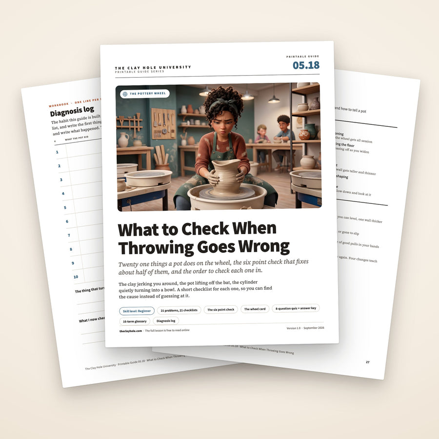 What to Check When Throwing Goes Wrong printable pottery guide: the cover, with the diagnosis log and the wheel card fanned behind it