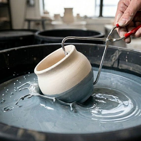 A pot being lowered into a bucket of dipping glaze with a pair of tongs